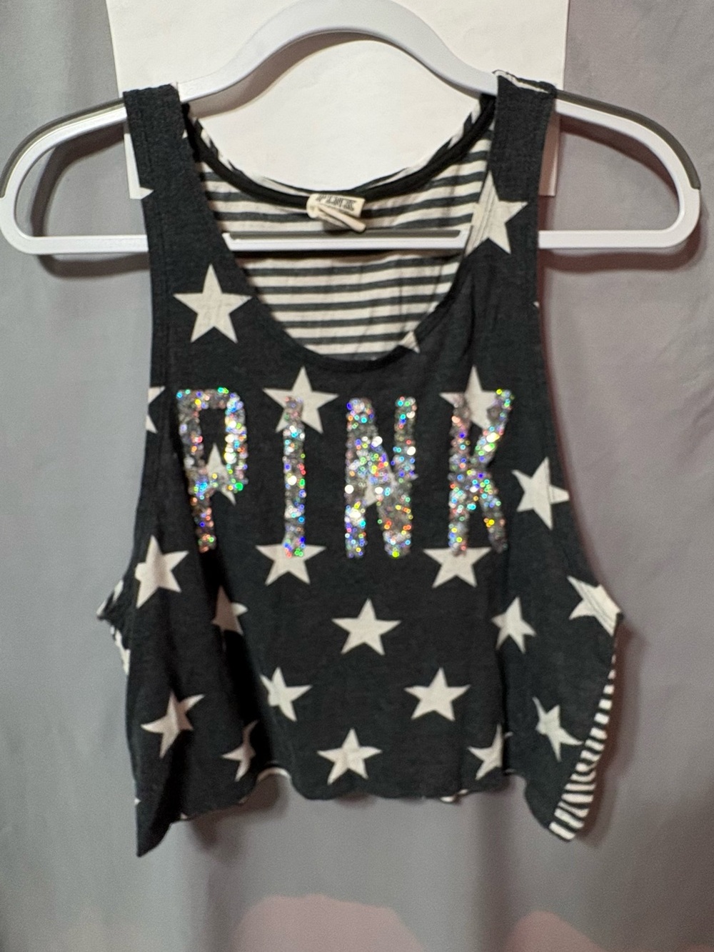 PINK Victoria's Secret Gray Star Sequin Logo Muscle Tank